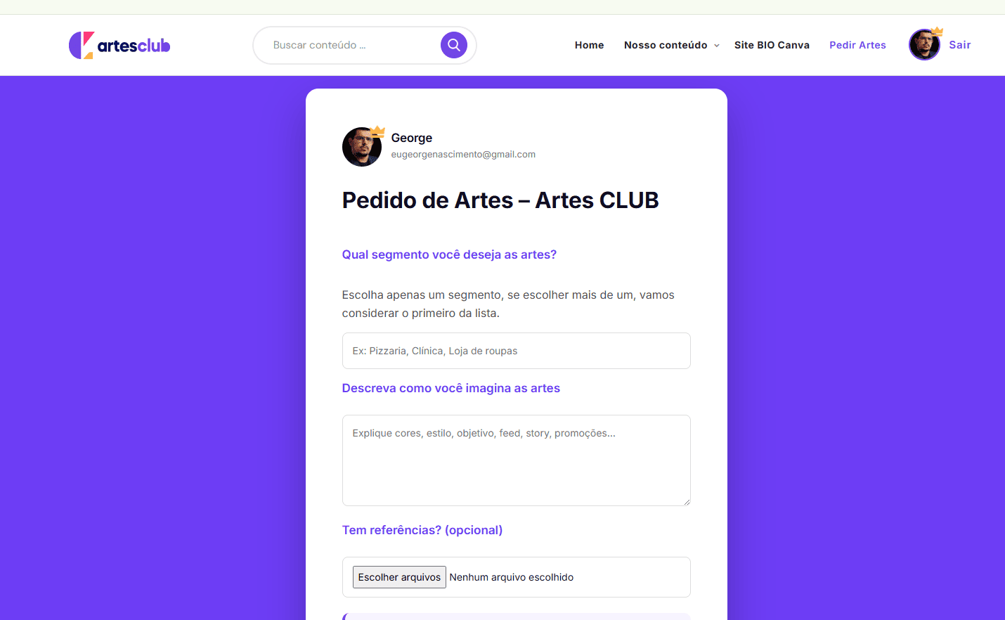Formulário de Pedido de Artes